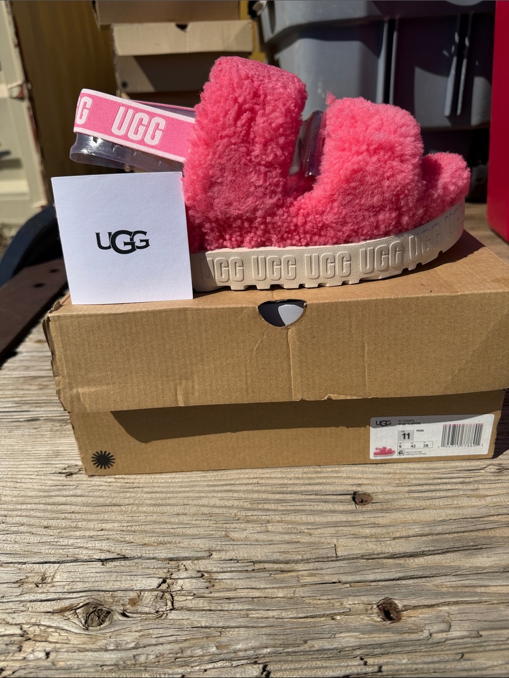 UGG Pink Fluffita Shearling Slide with Branded Heel Strap